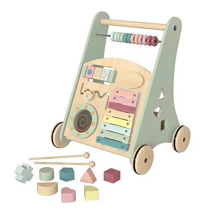Premergator Song Walker IdealStore, Pentru Copii din Lemn Natural, 3 in 1, Roti anti-alunecare, Nontoxic, Dimeniunea 38x31x45.5 cm, Contine puzzle mobil, Xilofon, Dezvolta abilitati practice, Imaginatia, Culoare verde menta