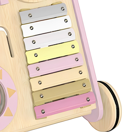 Premergator Song Walker IdealStore, Pentru Copii din Lemn Natural, 3 in 1, Roti anti-alunecare, Nontoxic, Dimeniunea 38x31x45.5cm, Contine puzzle mobil, Xilofon, Dezvolta abilitati practice, Imaginatia, Culoare Roz