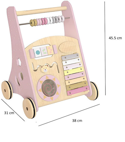 Premergator Song Walker IdealStore, Pentru Copii din Lemn Natural, 3 in 1, Roti anti-alunecare, Nontoxic, Dimeniunea 38x31x45.5cm, Contine puzzle mobil, Xilofon, Dezvolta abilitati practice, Imaginatia, Culoare Roz