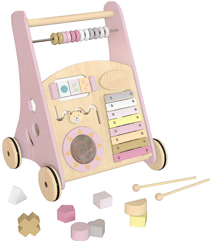 Premergator Song Walker IdealStore, Pentru Copii din Lemn Natural, 3 in 1, Roti anti-alunecare, Nontoxic, Dimeniunea 38x31x45.5cm, Contine puzzle mobil, Xilofon, Dezvolta abilitati practice, Imaginatia, Culoare Roz