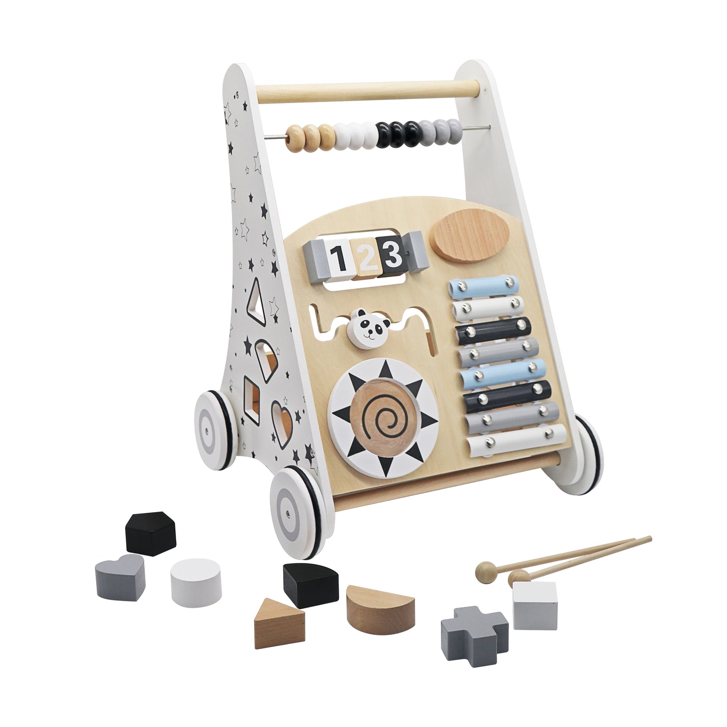 Premergator Song Walker IdealStore, Pentru Copii din Lemn Natural, 3 in 1, Roti anti-alunecare, Non-toxic, Dimensiunea 38x31x45.5 cm, Contine puzzle mobil, Xilofon, Dezvolta abilitati practice, Imaginatia, Culoare Alb