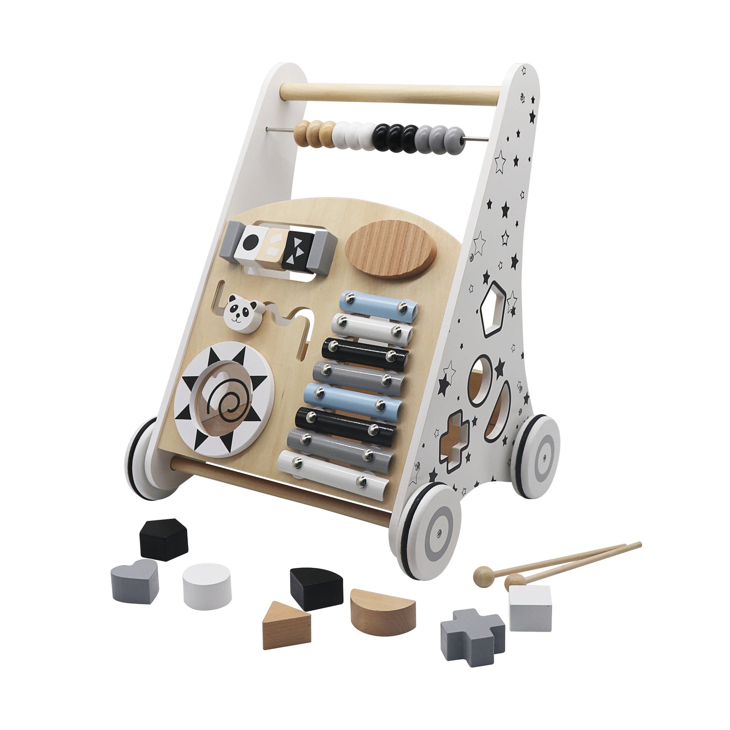 Premergator Song Walker IdealStore, Pentru Copii din Lemn Natural, 3 in 1, Roti anti-alunecare, Non-toxic, Dimensiunea 38x31x45.5 cm, Contine puzzle mobil, Xilofon, Dezvolta abilitati practice, Imaginatia, Culoare Alb