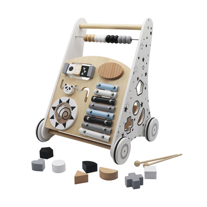 Premergator Song Walker IdealStore, Pentru Copii din Lemn Natural, 3 in 1, Roti anti-alunecare, Non-toxic, Dimensiunea 38x31x45.5 cm, Contine puzzle mobil, Xilofon, Dezvolta abilitati practice, Imaginatia, Culoare Alb