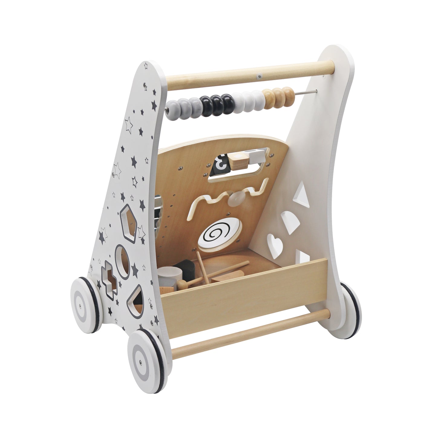 Premergator Song Walker IdealStore, Pentru Copii din Lemn Natural, 3 in 1, Roti anti-alunecare, Non-toxic, Dimensiunea 38x31x45.5 cm, Contine puzzle mobil, Xilofon, Dezvolta abilitati practice, Imaginatia, Culoare Alb