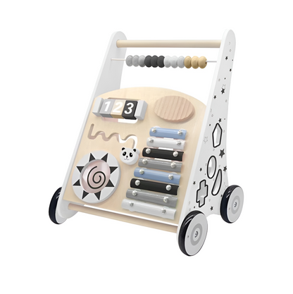 Premergator Song Walker IdealStore, Pentru Copii din Lemn Natural, 3 in 1, Roti anti-alunecare, Non-toxic, Dimensiunea 38x31x45.5 cm, Contine puzzle mobil, Xilofon, Dezvolta abilitati practice, Imaginatia, Culoare Alb