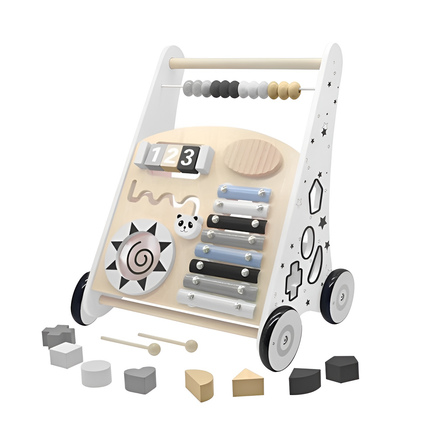 Premergator Song Walker IdealStore, Pentru Copii din Lemn Natural, 3 in 1, Roti anti-alunecare, Non-toxic, Dimensiunea 38x31x45.5 cm, Contine puzzle mobil, Xilofon, Dezvolta abilitati practice, Imaginatia, Culoare Alb