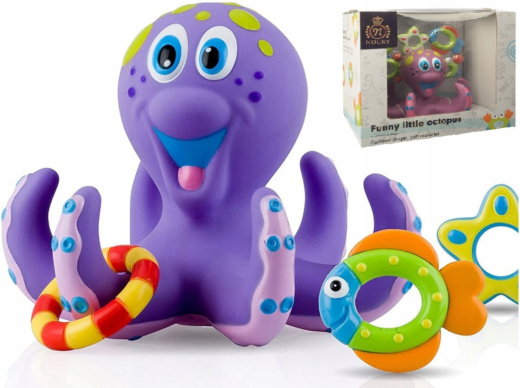 Jucarie de baie idealStore Funny Octopus, 6 Brate, 5 Jucarii de agatat, din Cauciuc, Dezvolta Abilitatile Motorii si Exercita Dexteritatea