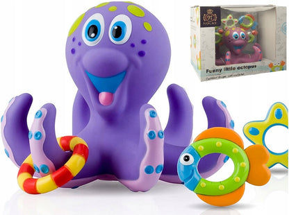 Jucarie de baie idealStore Funny Octopus, 6 Brate, 5 Jucarii de agatat, din Cauciuc, Dezvolta Abilitatile Motorii si Exercita Dexteritatea