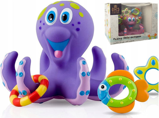 Jucarie de baie idealStore Funny Octopus, 6 Brate, 5 Jucarii de agatat, din Cauciuc, Dezvolta Abilitatile Motorii si Exercita Dexteritatea