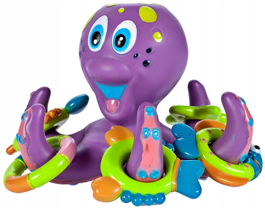 Jucarie de baie idealStore Funny Octopus, 6 Brate, 5 Jucarii de agatat, din Cauciuc, Dezvolta Abilitatile Motorii si Exercita Dexteritatea