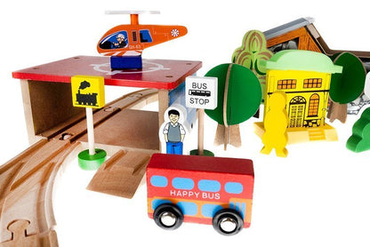 Pista Multifunctionala din Lemn Natural Exclusiv pentru Copii, Cu 89 de Elemente Incluse, Autobuz, Trenulet si Masinuta, 95cm x 67 cm