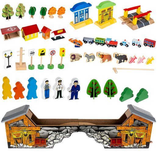 Pista Multifunctionala din Lemn Natural Exclusiv pentru Copii, Cu 89 de Elemente Incluse, Autobuz, Trenulet si Masinuta, 95cm x 67 cm