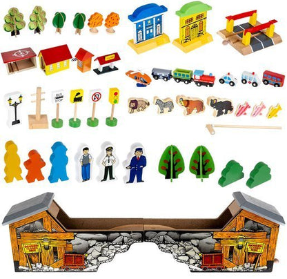 Pista Multifunctionala din Lemn Natural Exclusiv pentru Copii, Cu 89 de Elemente Incluse, Autobuz, Trenulet si Masinuta, 95cm x 67 cm