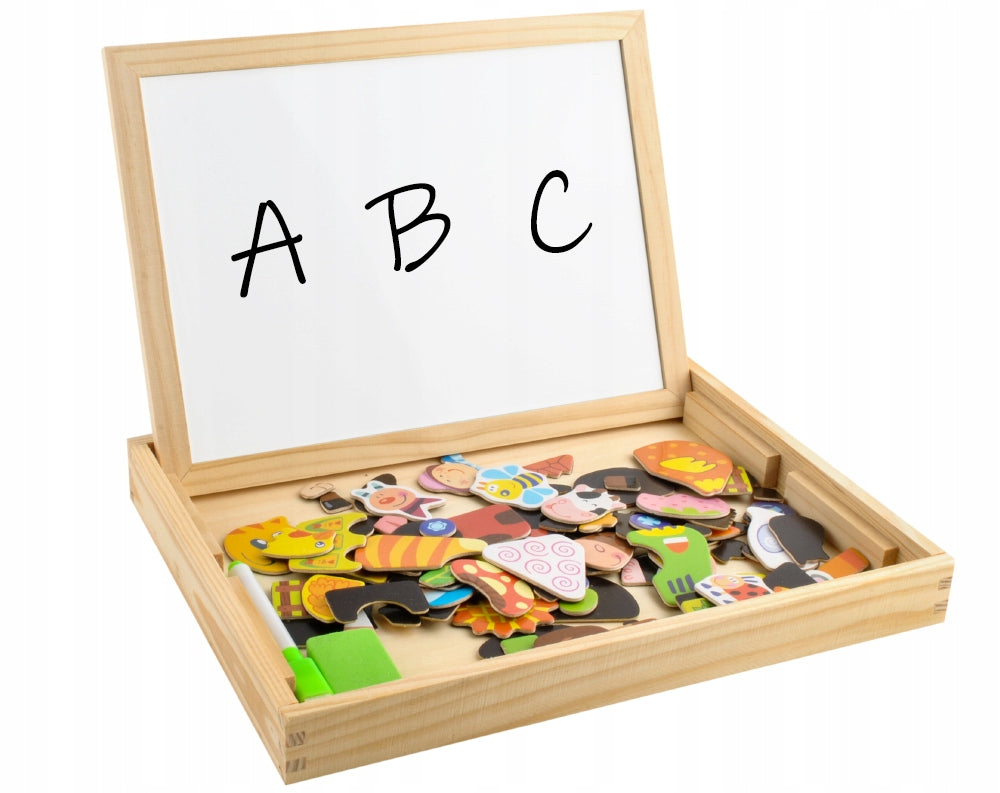 Tablita Magnetica Educationala IDL Magic Table cu 2 fete si figurine cu magnet, o jucarie foarte creativa datorita accesoriilor simbolice ce garanteaza o distactie excelenta, stimuleaza imaginatia, creativitatea si abilitatile manuale, Material Lemn