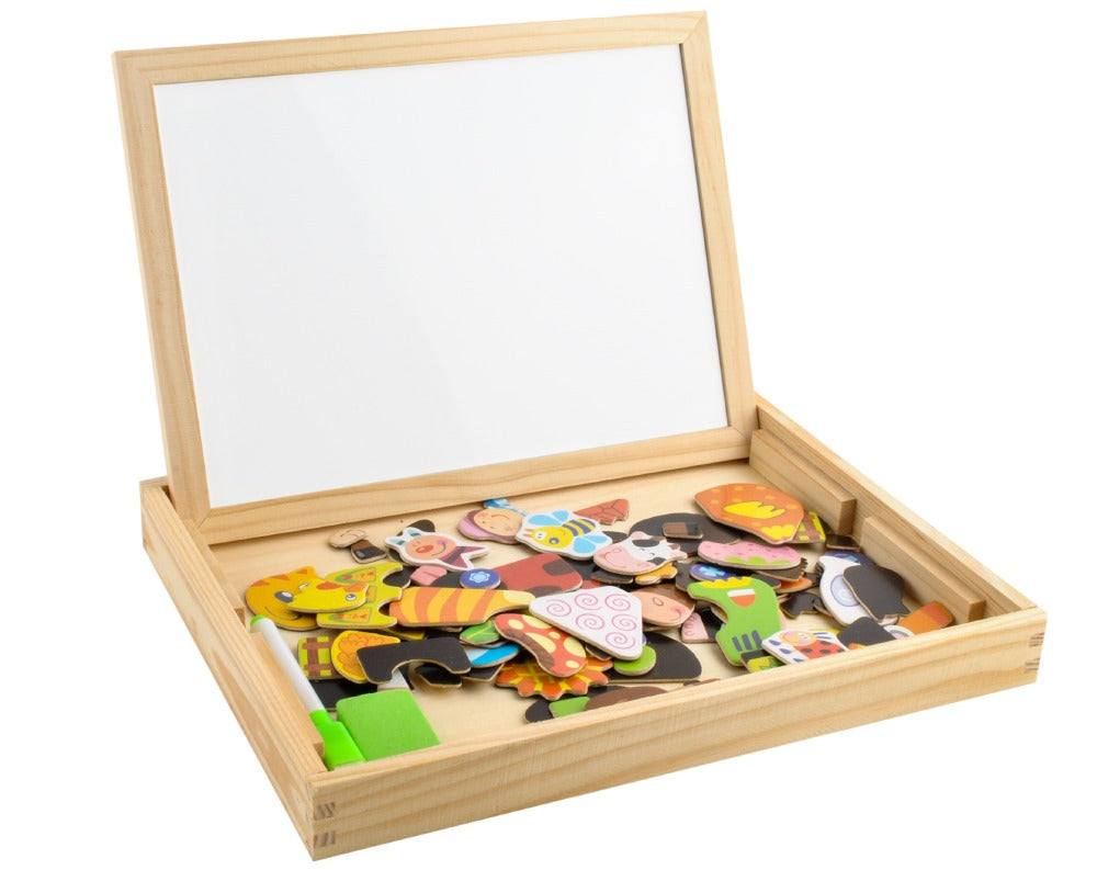 Tablita Magnetica Educationala IDL Magic Table cu 2 fete si figurine cu magnet, o jucarie foarte creativa datorita accesoriilor simbolice ce garanteaza o distactie excelenta, stimuleaza imaginatia, creativitatea si abilitatile manuale, Material Lemn