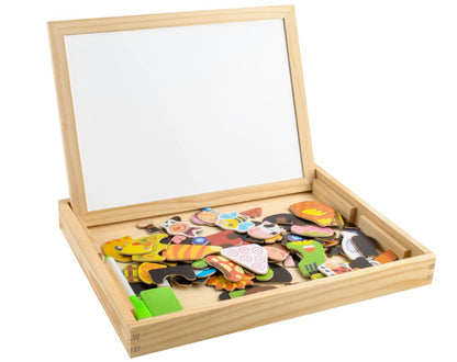 Tablita Magnetica Educationala IDL Magic Table cu 2 fete si figurine cu magnet, o jucarie foarte creativa datorita accesoriilor simbolice ce garanteaza o distactie excelenta, stimuleaza imaginatia, creativitatea si abilitatile manuale, Material Lemn