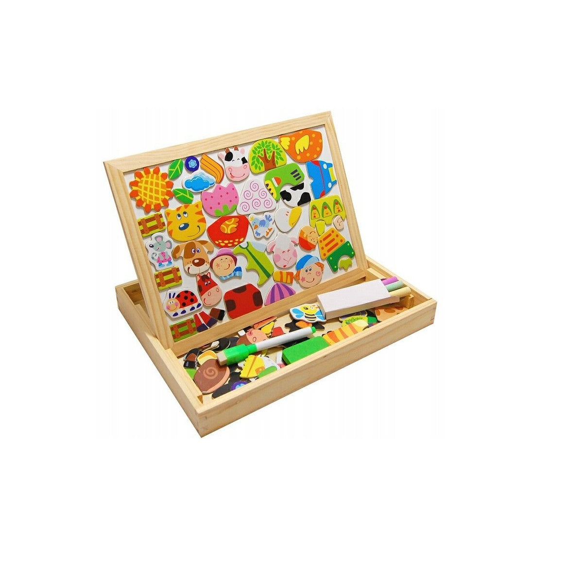 Tablita Educationala Magnetica idealStore FunMagic Table cu 2 Fete, Figurine Magnetice, Stimuleaza Creativitatea si Imaginatia, Dezvolta Abilitatile Manuale, Material Ecologic Lemn Natur