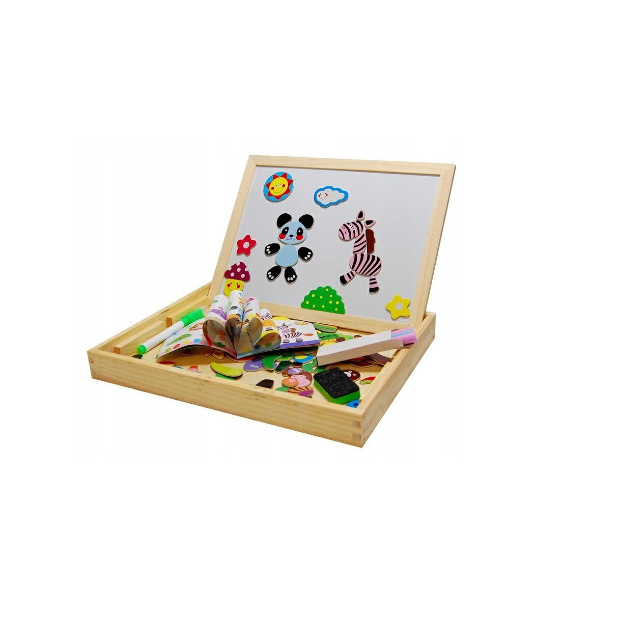 Tablita Educationala Magnetica idealStore FunMagic Table cu 2 Fete, Figurine Magnetice, Stimuleaza Creativitatea si Imaginatia, Dezvolta Abilitatile Manuale, Material Ecologic Lemn Natur