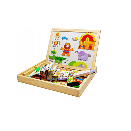 Tablita Educationala Magnetica idealStore FunMagic Table cu 2 Fete, Figurine Magnetice, Stimuleaza Creativitatea si Imaginatia, Dezvolta Abilitatile Manuale, Material Ecologic Lemn Natur