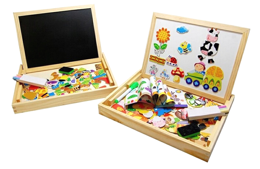 Tablita Educationala Magnetica idealStore FunMagic Table cu 2 Fete, Figurine Magnetice, Stimuleaza Creativitatea si Imaginatia, Dezvolta Abilitatile Manuale, Material Ecologic Lemn Natur