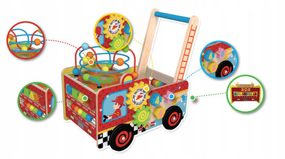 Premergator Interactiv din Lemn IDL, Crazy Junior Mix, Accesorizat cu diverse elemente educationale ce incurajeaza Dezvoltarea PSIHOMOTORIE a celor mici, Ajuta la coordonarea mana-ochi si stimuleaza imaginatia copilului, Pictat cu vopsele ecologice