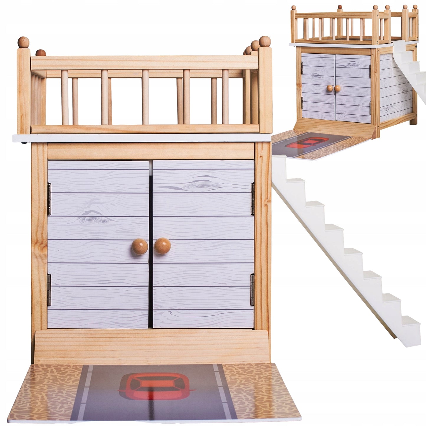 Garaj Din Lemn Woody Garaj idealStore, Dimensiuni 30 x 30 cm, Mobilier Pictat, Usi Duble, Terasa cu Sine, Ideal Pentru Casa Unei Papusi