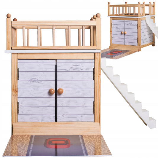 Garaj Din Lemn Woody Garaj idealStore, Dimensiuni 30 x 30 cm, Mobilier Pictat, Usi Duble, Terasa cu Sine, Ideal Pentru Casa Unei Papusi