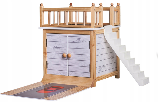 Garaj Din Lemn Woody Garaj idealStore, Dimensiuni 30 x 30 cm, Mobilier Pictat, Usi Duble, Terasa cu Sine, Ideal Pentru Casa Unei Papusi