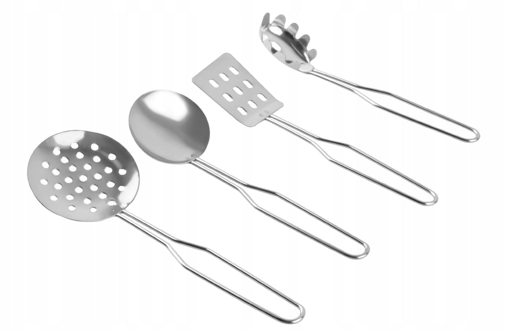 Set de gatit pentru copii idealStore Culinary Adventure, Set viu colorat alcatuit din 11 elemente de metal, Usor de transportat si depozitat, Ofera o experienta inedita pentru micii bucatari