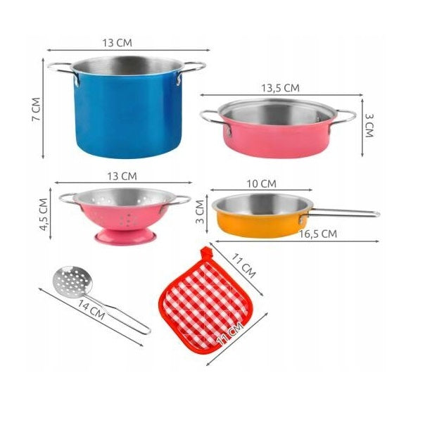 Set de gatit pentru copii idealStore Culinary Adventure, Set viu colorat alcatuit din 11 elemente de metal, Usor de transportat si depozitat, Ofera o experienta inedita pentru micii bucatari
