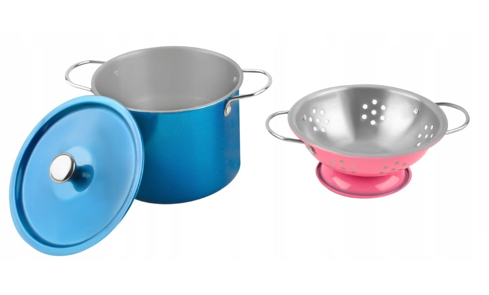 Set de gatit pentru copii idealStore Culinary Adventure, Set viu colorat alcatuit din 11 elemente de metal, Usor de transportat si depozitat, Ofera o experienta inedita pentru micii bucatari