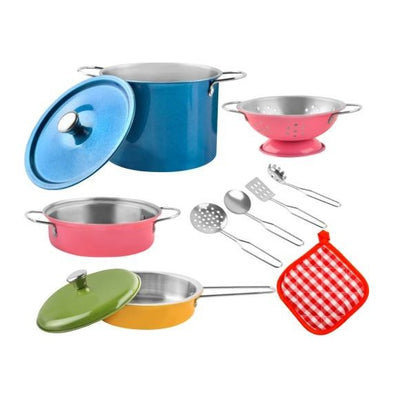Set de gatit pentru copii idealStore Culinary Adventure, Set viu colorat alcatuit din 11 elemente de metal, Usor de transportat si depozitat, Ofera o experienta inedita pentru micii bucatari
