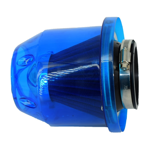 Filtru aer tuning IdealSTORE cu carcasa albastra, marime 15.5 cm, diametru total 15 cm, Diametru gaura racord 8.5 cm