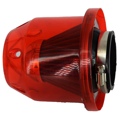 Filtru aer tuning IdealSTORE cu carcasa rosie, marime 15.5 cm, diametru total 15 cm, Diametru gaura racord 8.5 cm