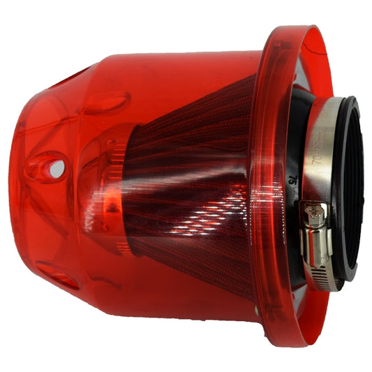Filtru aer tuning IdealSTORE cu carcasa rosie, marime 15.5 cm, diametru total 15 cm, Diametru gaura racord 8.5 cm