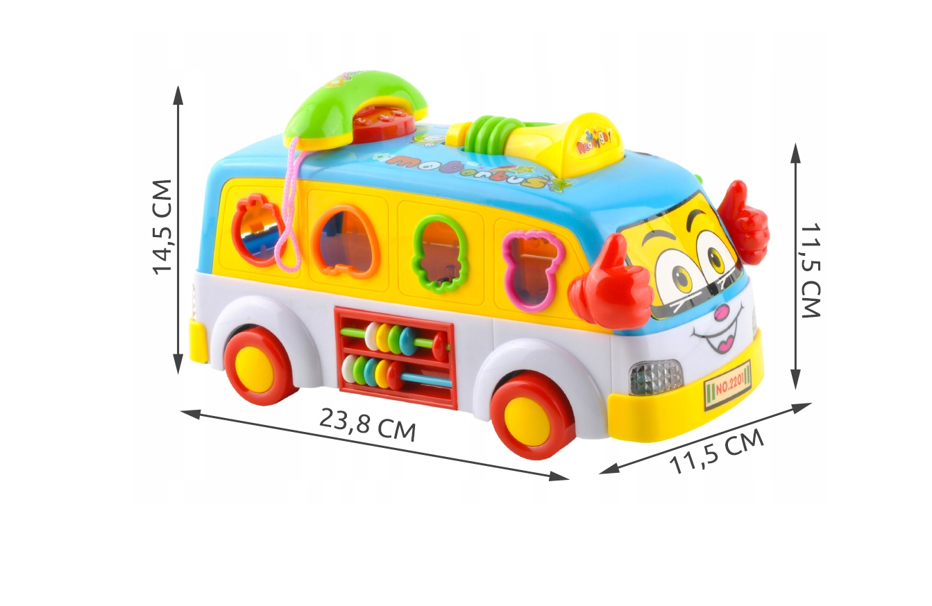Jucarie interactiva IDL Junior Party Bus, Varietate de sunete si lumini, Diverse accesorii elementare care ajuta la dezvoltarea coordonarii mana-ochi si atrag atentia prin varietatea de culori si forme, Functionalitate pe baterii