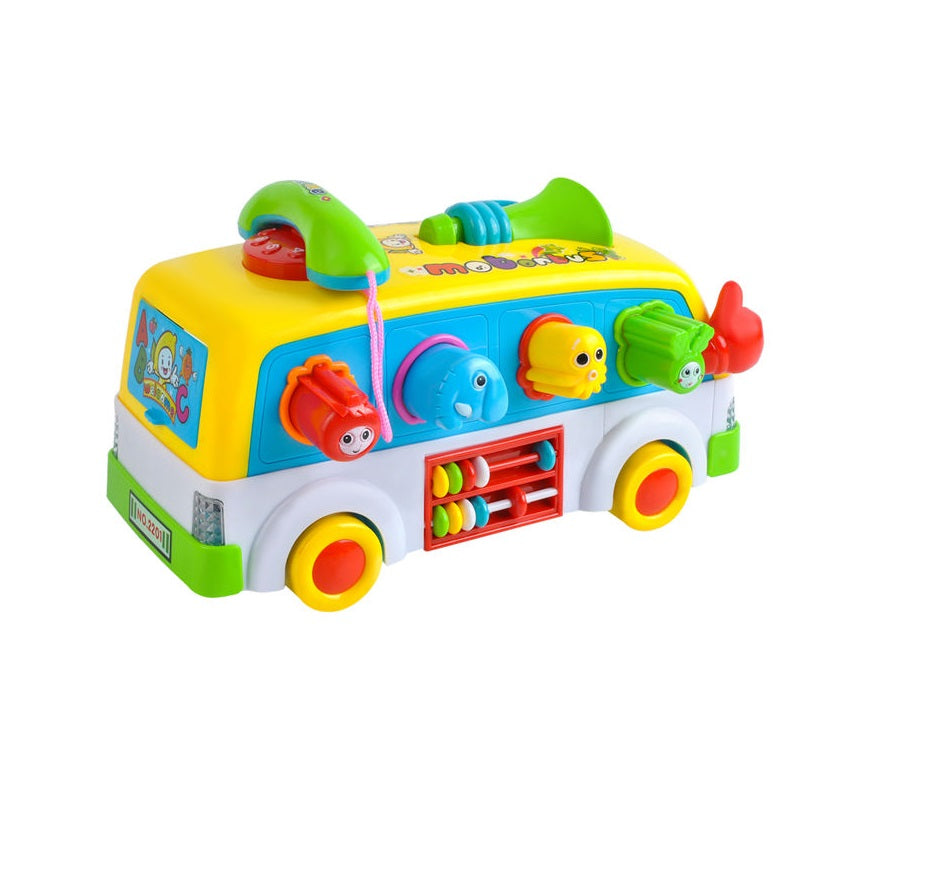 Jucarie interactiva IDL Junior Party Bus, Varietate de sunete si lumini, Diverse accesorii elementare care ajuta la dezvoltarea coordonarii mana-ochi si atrag atentia prin varietatea de culori si forme, Functionalitate pe baterii