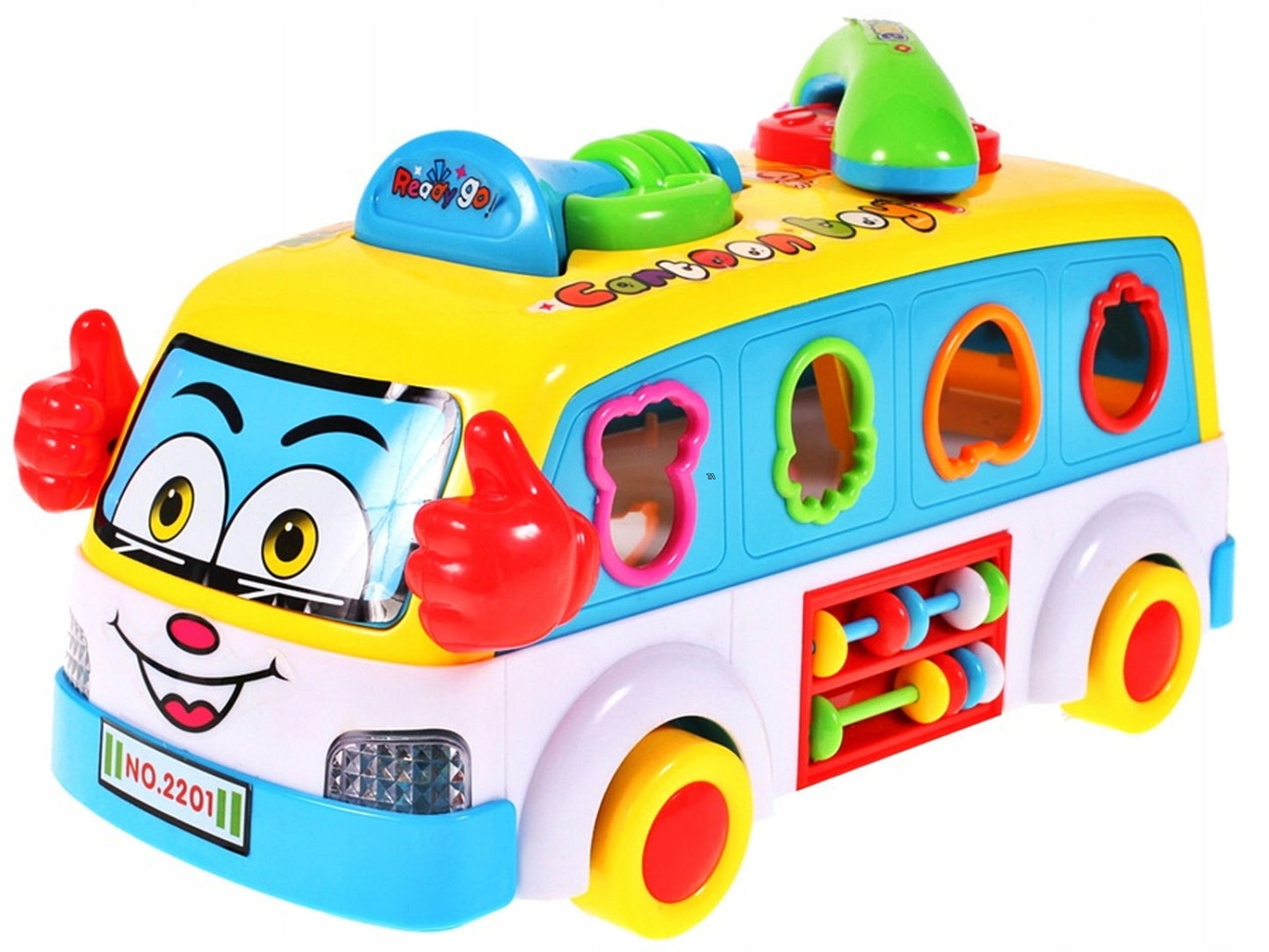 Jucarie interactiva IDL Junior Party Bus, Varietate de sunete si lumini, Diverse accesorii elementare care ajuta la dezvoltarea coordonarii mana-ochi si atrag atentia prin varietatea de culori si forme, Functionalitate pe baterii