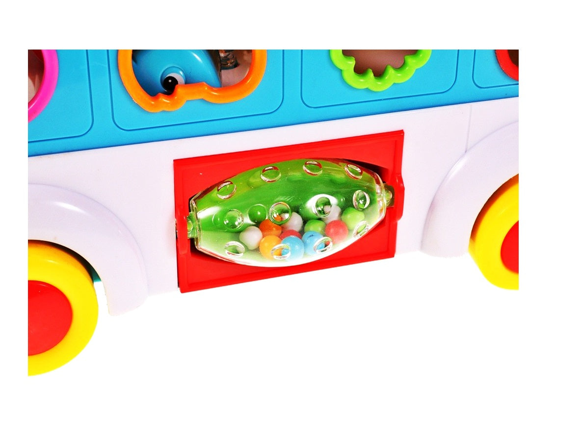 Jucarie interactiva IDL Junior Party Bus, Varietate de sunete si lumini, Diverse accesorii elementare care ajuta la dezvoltarea coordonarii mana-ochi si atrag atentia prin varietatea de culori si forme, Functionalitate pe baterii