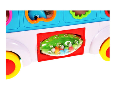 Jucarie interactiva IDL Junior Party Bus, Varietate de sunete si lumini, Diverse accesorii elementare care ajuta la dezvoltarea coordonarii mana-ochi si atrag atentia prin varietatea de culori si forme, Functionalitate pe baterii
