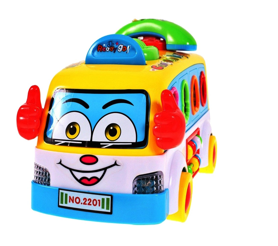 Jucarie interactiva IDL Junior Party Bus, Varietate de sunete si lumini, Diverse accesorii elementare care ajuta la dezvoltarea coordonarii mana-ochi si atrag atentia prin varietatea de culori si forme, Functionalitate pe baterii