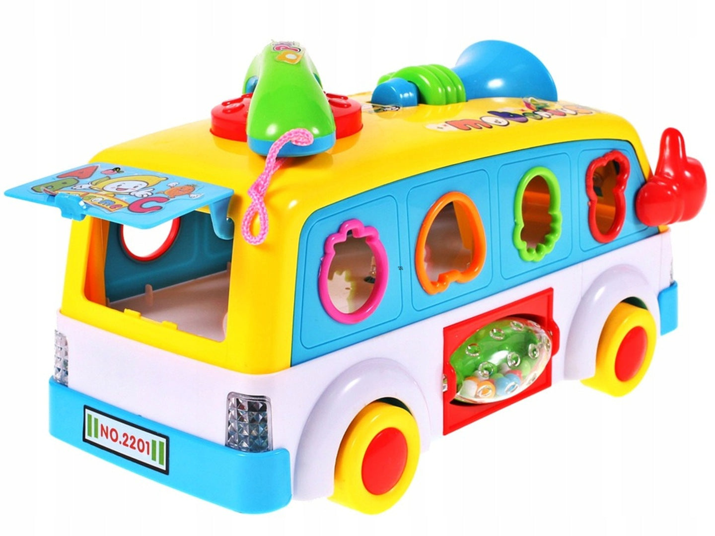 Jucarie interactiva IDL Junior Party Bus, Varietate de sunete si lumini, Diverse accesorii elementare care ajuta la dezvoltarea coordonarii mana-ochi si atrag atentia prin varietatea de culori si forme, Functionalitate pe baterii