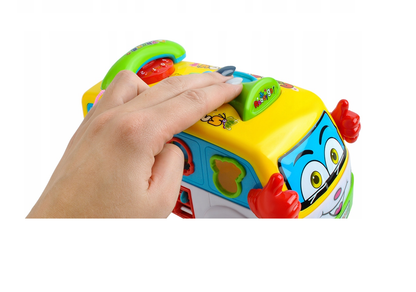 Jucarie interactiva IDL Junior Party Bus, Varietate de sunete si lumini, Diverse accesorii elementare care ajuta la dezvoltarea coordonarii mana-ochi si atrag atentia prin varietatea de culori si forme, Functionalitate pe baterii