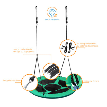 Leagan pentru copii profesional idealStore Stork's Nest, tip Cuib, Sarcina maxima 150 Kg, Diametru 95 cm, Cadru Otel, Verde