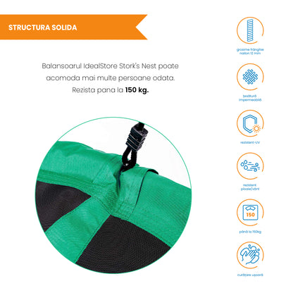 Leagan pentru copii profesional idealStore Stork's Nest, tip Cuib, Sarcina maxima 150 Kg, Diametru 95 cm, Cadru Otel, Verde