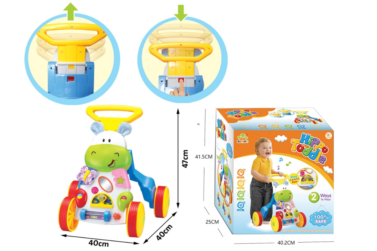 Premergator Primii Pasi Hipo, Model interactiv cu elemente educationale pentru dezvoltarea abilitatilor motorii, coordonare ochi-mana,, diversitate de activitati, sunete, melodii