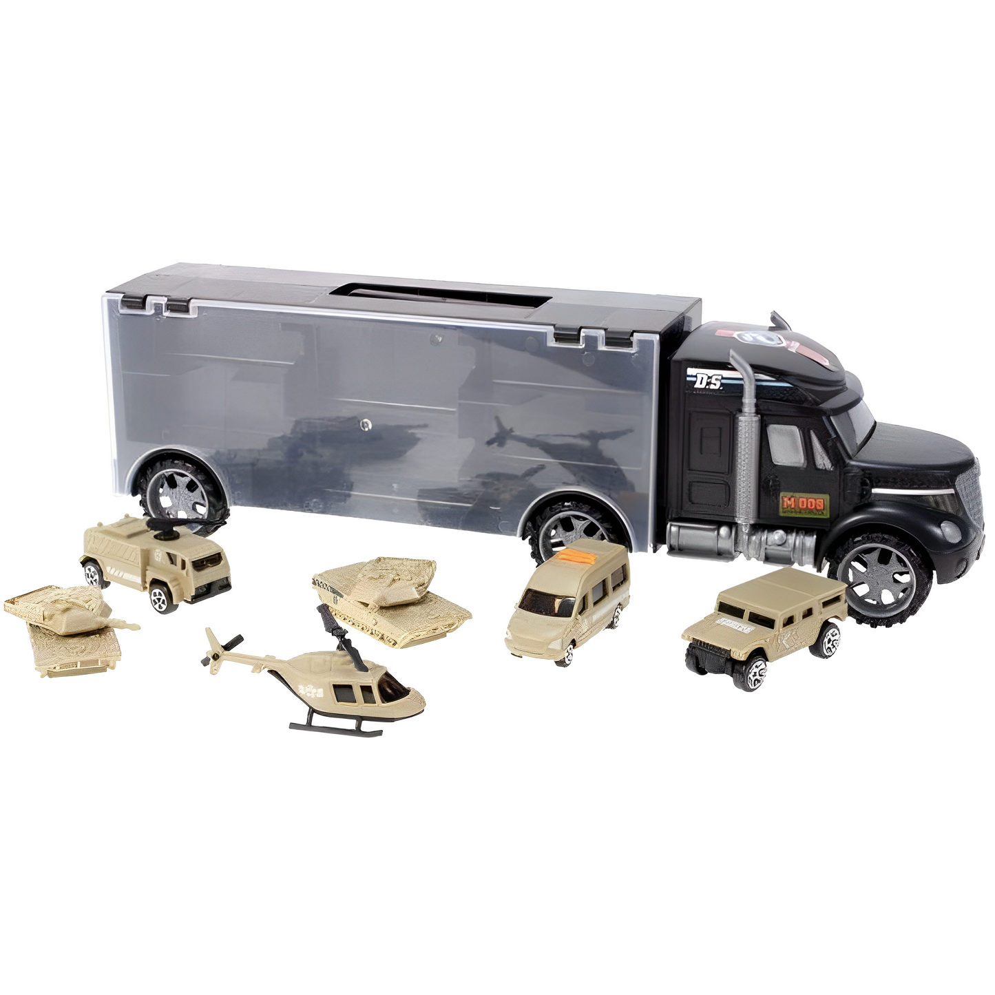 Camion interactiv cu vehicule militare idealSTORE Heavy Duty Army Transport, Echipat cu 6 vehicule militare, Maner pentru a facilita transportul camionului, Vehicule cu piese mobile