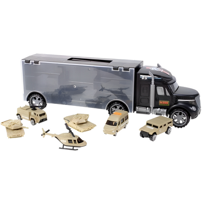 Camion interactiv cu vehicule militare idealSTORE Heavy Duty Army Transport, Echipat cu 6 vehicule militare, Maner pentru a facilita transportul camionului, Vehicule cu piese mobile