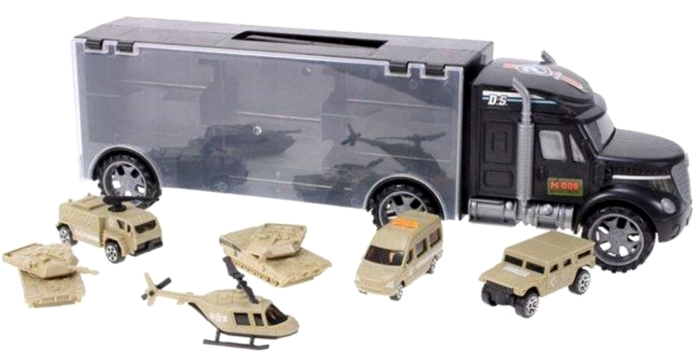 Camion interactiv cu vehicule militare idealSTORE Heavy Duty Army Transport, Echipat cu 6 vehicule militare, Maner pentru a facilita transportul camionului, Vehicule cu piese mobile