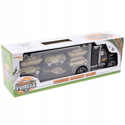 Camion interactiv cu vehicule militare idealSTORE Heavy Duty Army Transport, Echipat cu 6 vehicule militare, Maner pentru a facilita transportul camionului, Vehicule cu piese mobile